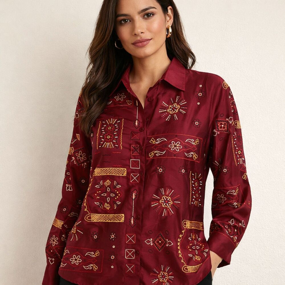 VTG Mirasol Silk Embroidered Blouse Womens Sz S Burgundy Boho Beaded Embellished